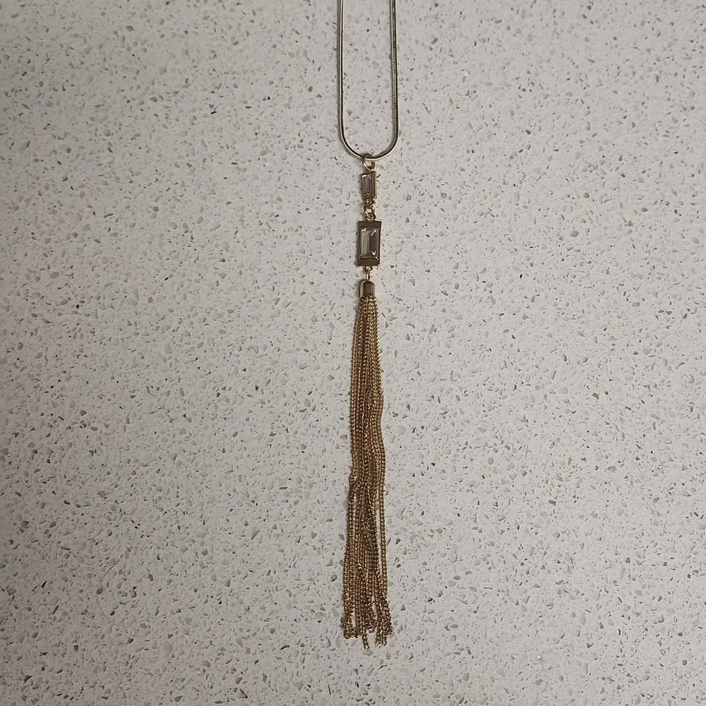 Maurices Gold & White Necklace with Tassle and Faux Diamond